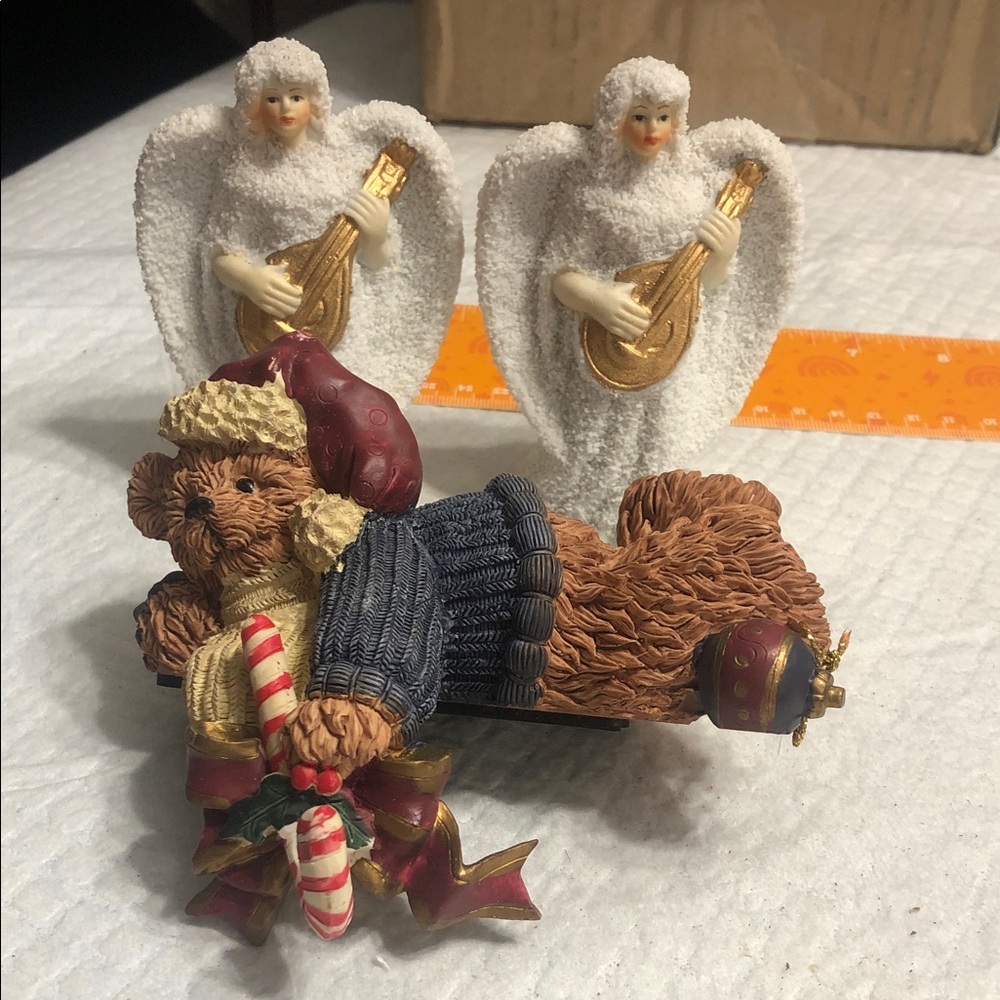 Holiday Teddy Bear Ornament with Candy Canes and Angels - White, Red, Blue, Gold
